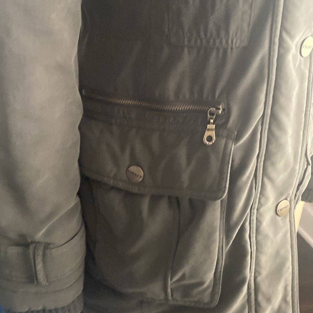 DKNY Anorak Coat Faux Fur Hooded Olive Green, XS - Picture 3 of 8